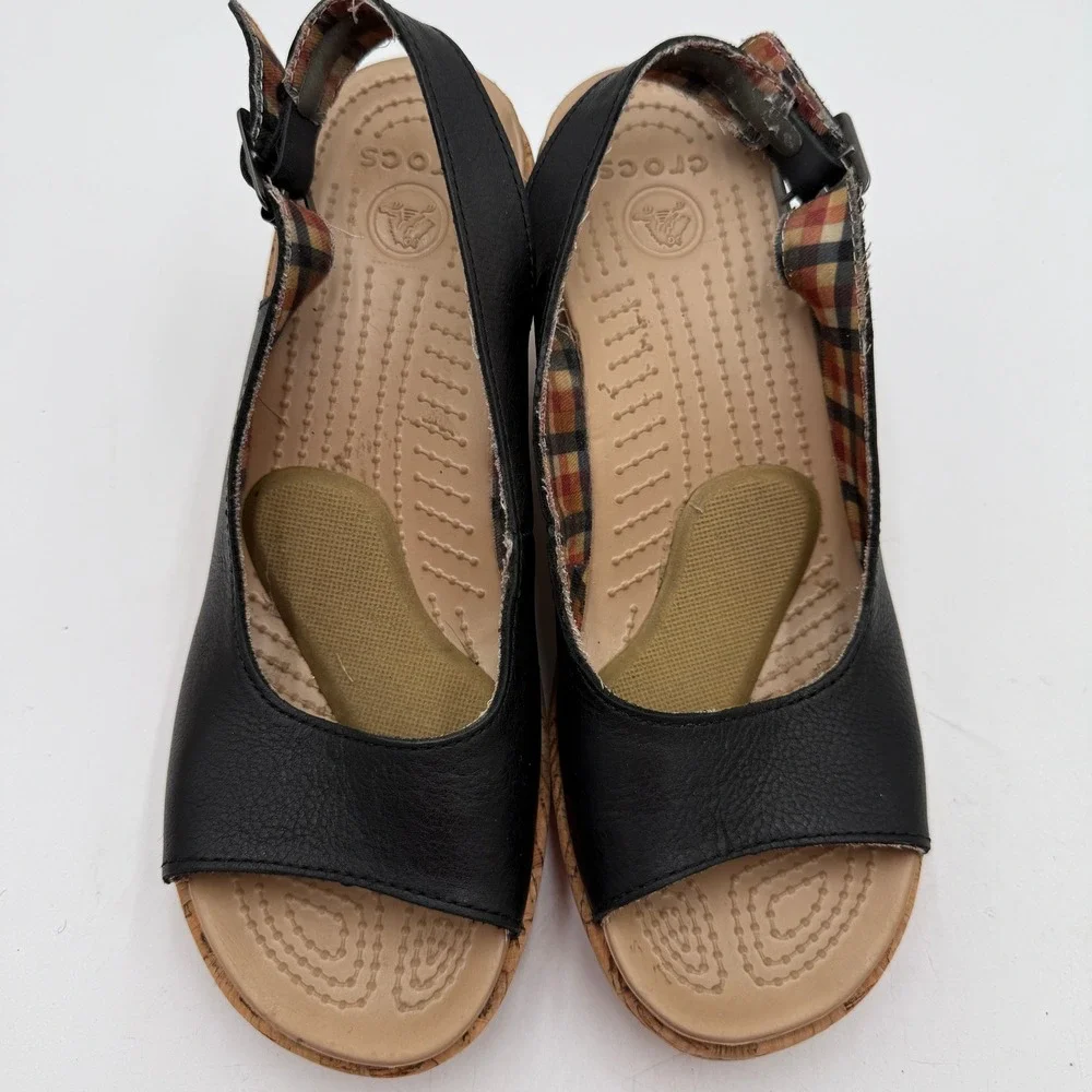 Crocs A-leigh Leather Wedge Sandals‎ Plaid Slingback Cork Heel Black Womens 8